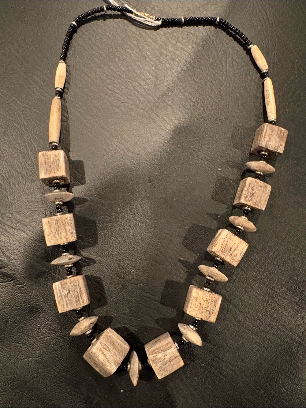 Handcrafted Beige and Black Wooden Bead Necklace - Women Jewelry